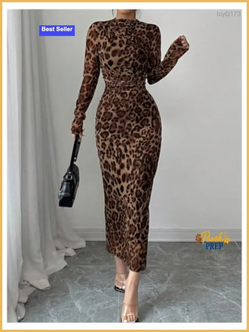 Women's Leopard Mesh Sheer Long Sleeve Maxi Dress Ruched Bodycon Party